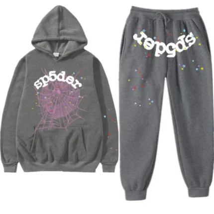 Grey Classic Flame Logo Sp5der Tracksuit