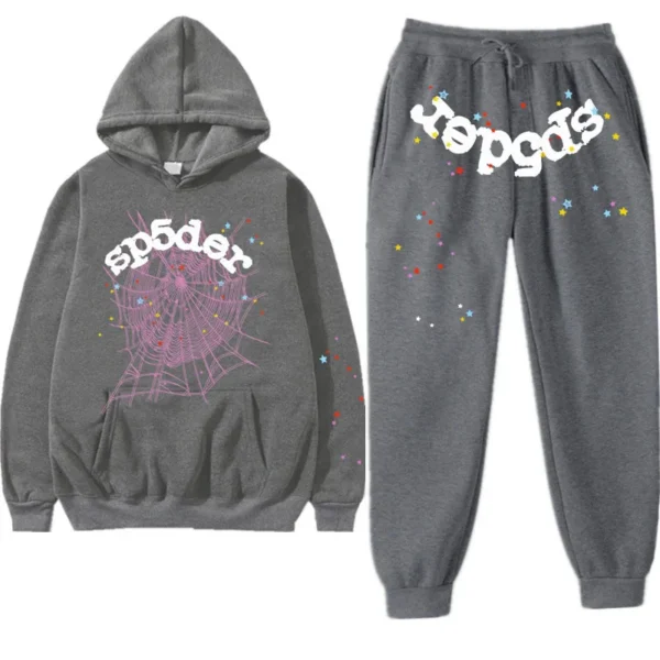 Grey Classic Flame Logo Sp5der Tracksuit